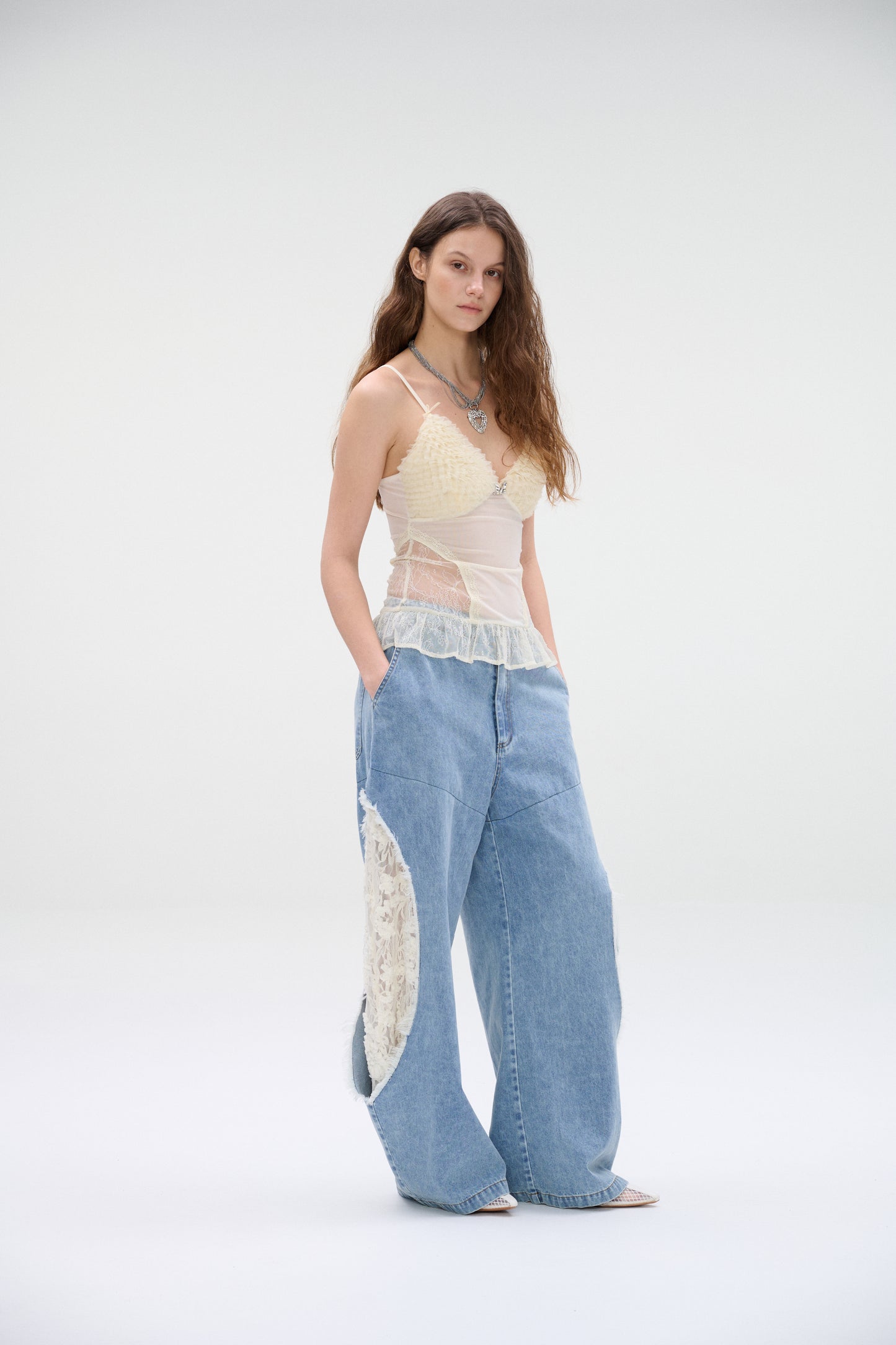 WaterBear™ Wide-leg denim jeans with lace panel cutouts