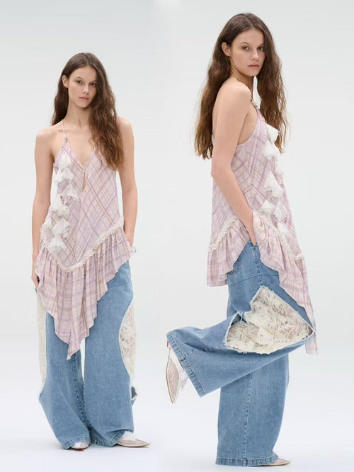 WaterBear™ Wide-leg denim jeans with lace panel cutouts