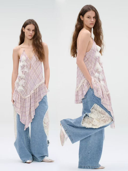 WaterBear™ Wide-leg denim jeans with lace panel cutouts