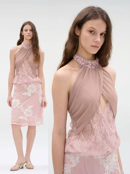 WaterBear™ Sequin Halter Lace Overlay Top