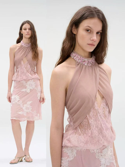 WaterBear™ Sequin Halter Lace Overlay Top