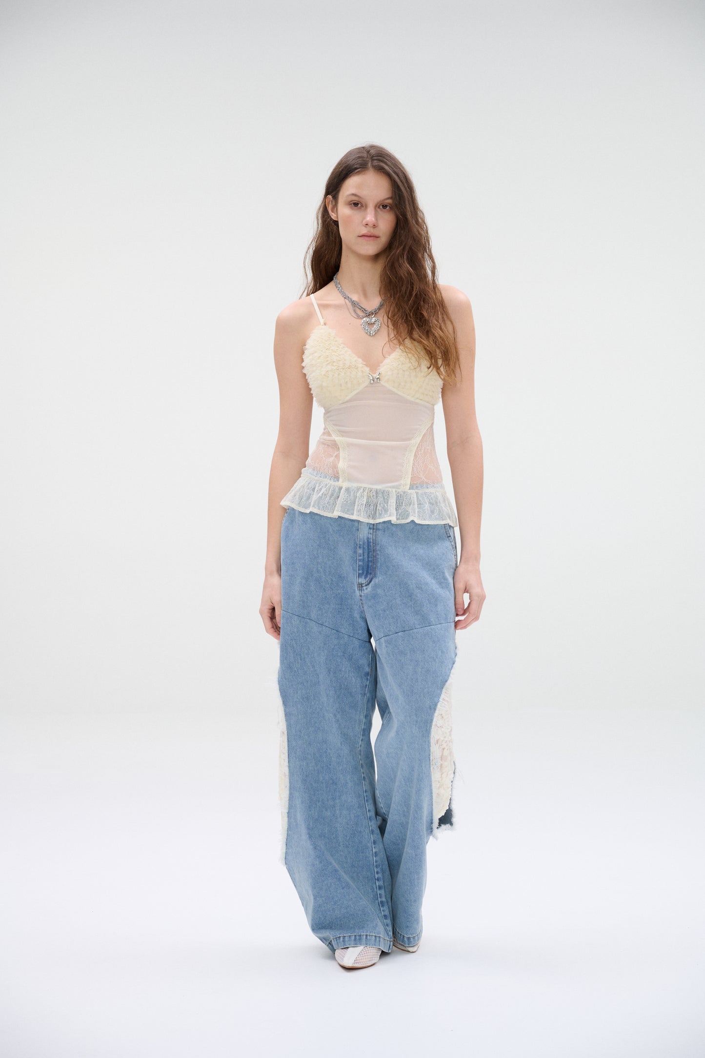 WaterBear™ Wide-leg denim jeans with lace panel cutouts