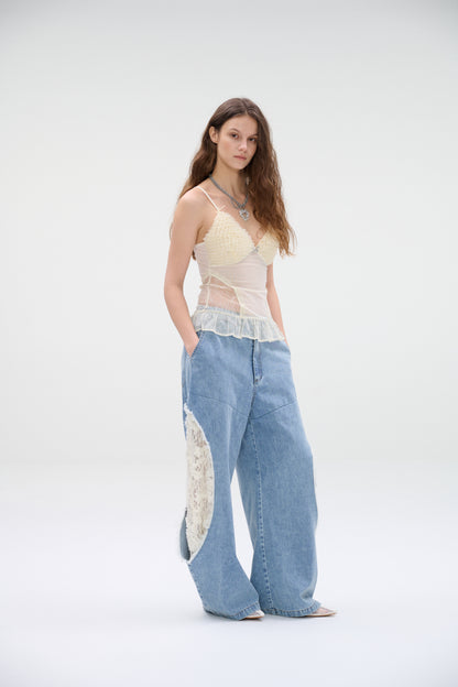 WaterBear™ Wide-leg denim jeans with lace panel cutouts