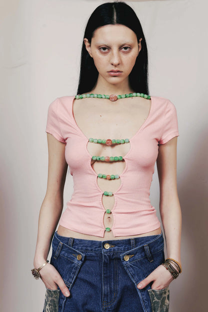 WaterBear Devotion Top - Reversible Wooden Bead Detail